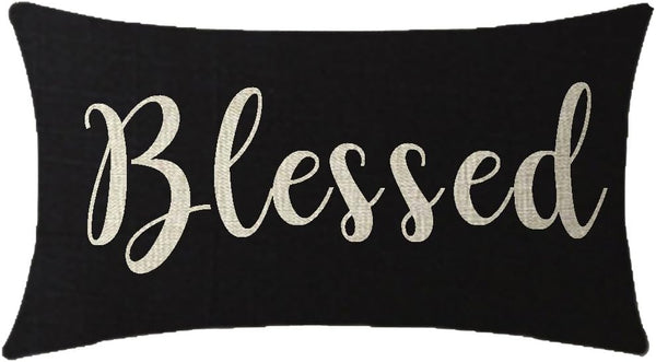 Nice Gift Inspirational Blessed Letters Waist Lumbar Black Cotton Linen Throw Pillow Case for Home Decor
