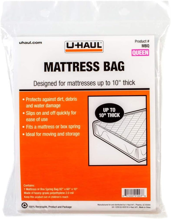 U-Haul Standard Queen Mattress Bag, Moving & Storage Cover for Mattress or Box Spring, 92" x 60" x 10"