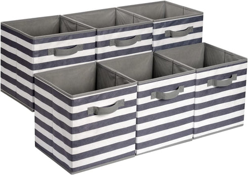 Amazon Basics Collapsible Fabric Storage Cube Organizer with Handles, 10.5 x 10.5 x 11 Inch, White/Light Grey Stripe