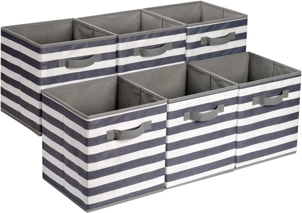 Amazon Basics Collapsible Fabric Storage Cube Organizer with Handles, 10.5 x 10.5 x 11 Inch, White/Light Grey Stripe