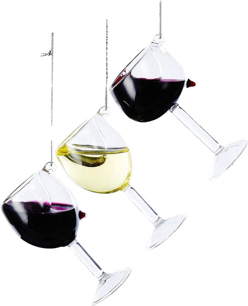 Kurt Adler Set of 3 Hanging Glass Ornaments, 2 Red Wine and 1 White Wine, 4"