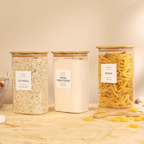 3 Pack 132 51 floz Square Glass Pantry Storage Containers with Kitchen Food Pantry Labels - Clear Glass Pantry Jars