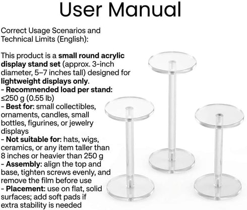 Set 3 QWORK Round Acrylic Display Stand, Premium Clear Round Riser Stands