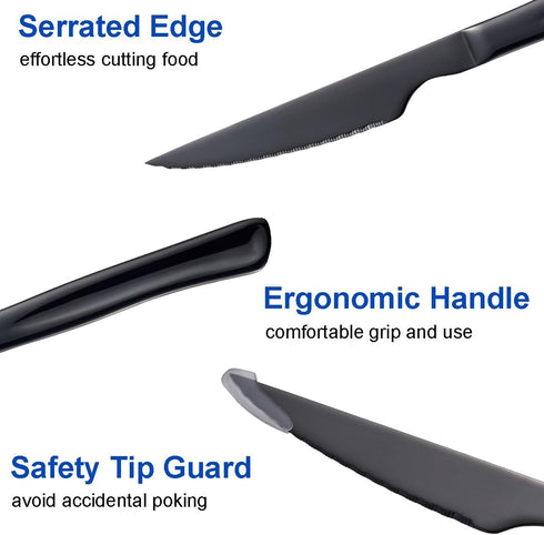 Black Steak Knife Set - 6 Piece Stainless Steel Kitchen Utility Knives, 8.7 Inch Serrated