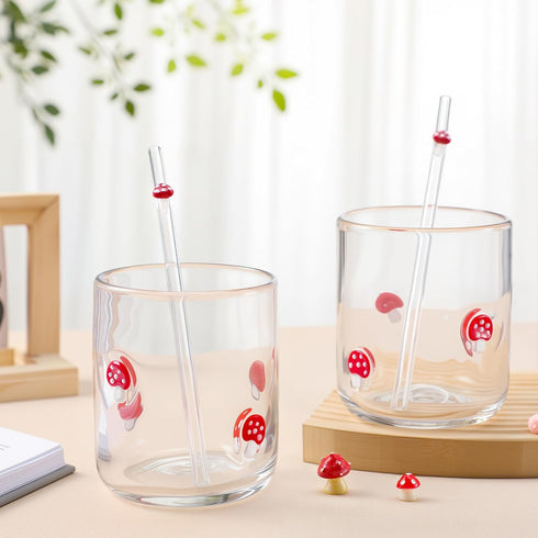 2 Set 2 14 oz Skylety Mushroom Icon Juice Glass Cups - Icon Glass Cup with Straw Double Old Fashioned Cute Pattern