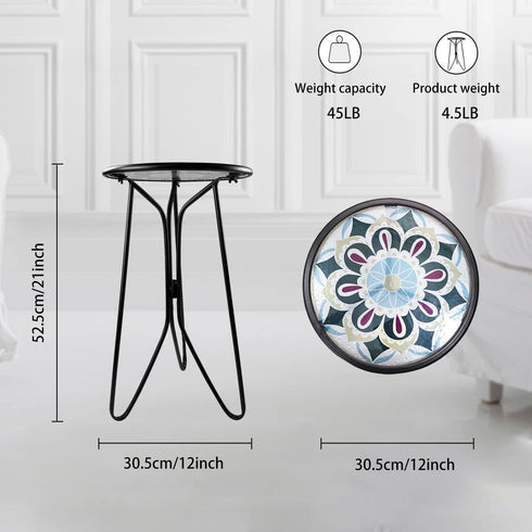 Table,12" LIFFY Outdoor Side Indoor Small Round Glass Tabletop Accent Table with Metal Frame, Home Decorative Plant