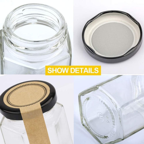 Encheng 4 oz 30 Pack Clear Hexagon Jars,Small Glass Honey Jars With Lids(Black),Mason Jars For Herb,Foods,Jams,Liquid