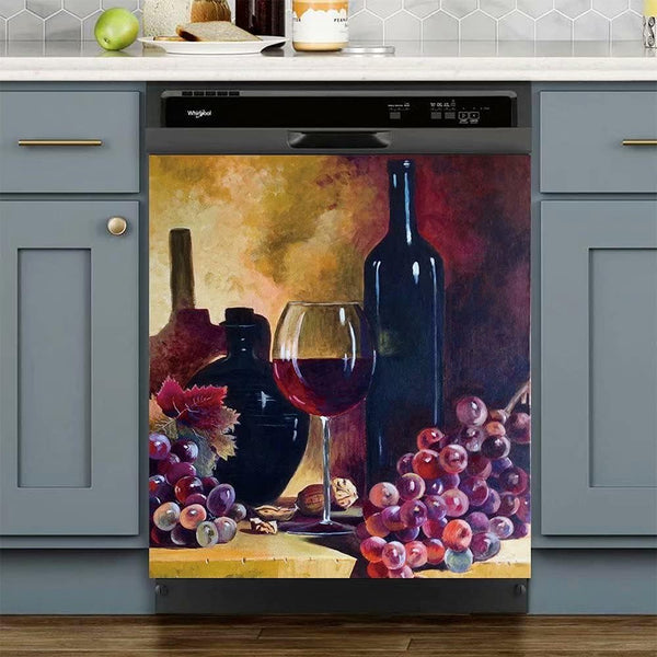 Vintage Wine Bottle Kitchen Dishwasher Magnet Cover Decal, Wine and Grapes Home Decor Sticker