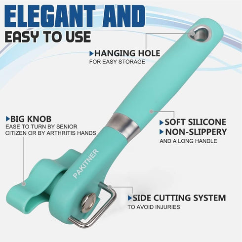 PAKITNER- Cut safe can opener, Manual can opener smooth edge - handheld Side cut can opener, Ergonomic Smooth Edge, Food Grade Stainless Steel Cutting Can Opener for Home, Kitchen & Restaurant, Green by PAKITNER