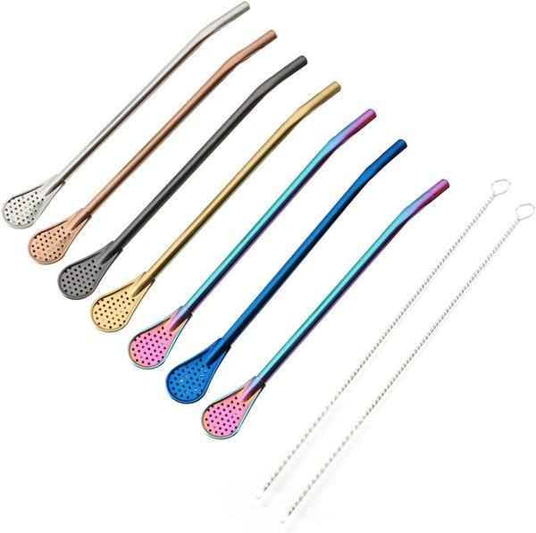 Reusable Straws Spoon for Yerba Mate, Stainless Steel Straw Spoon Filter Strainers, 9 Pcs, 6 Colors with 2 Cleaner
