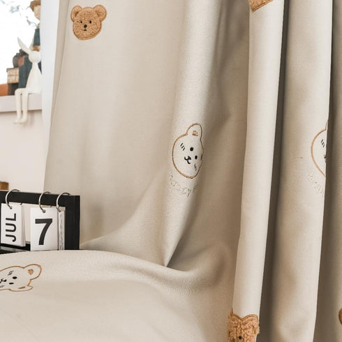 Grommet 3D 1 W42 L84 inch) Cartoon Bears Kids Blackout Curtains for Babys Bedoom Living Room Top Beige Embroidery Bear