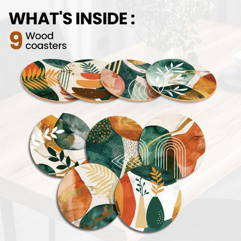 Set 9 3.9" ANATTASOUL Coasters of Abstract Art Plants Pattern Colorful Wooden Coasters Bulk Round Housewarming Gift