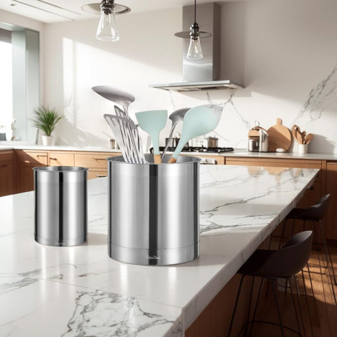 KSENDALO Stainless Steel Utensil Holder, 6.6inch Tall Canister for Silverware Storage, Silver