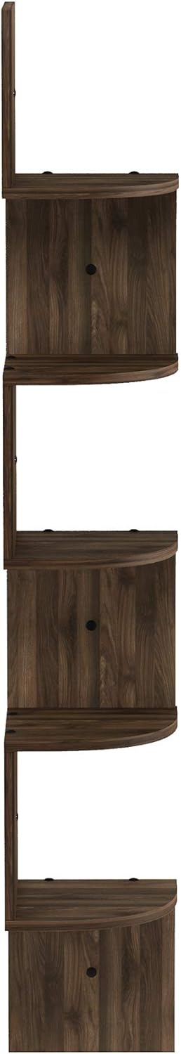 5-Tier Furinno Rossi Wall Mount Floating Corner Shelf, Radial, Columbia Walnut