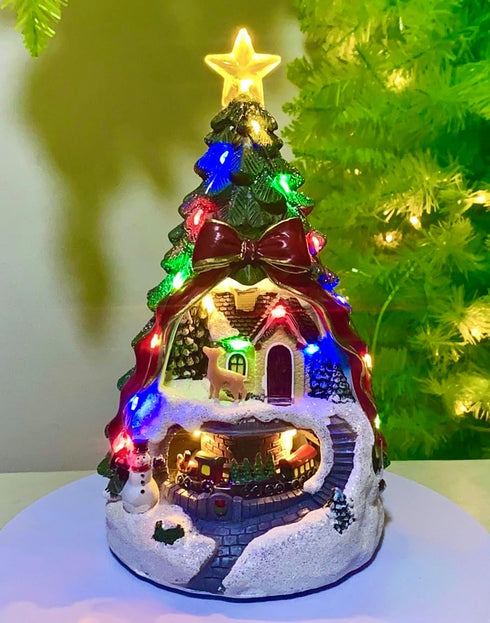 ZPCO Musical Christmas Village with Spinning Train Deer - Pre-Lit Artificial Christmas Tree - Battery & USB