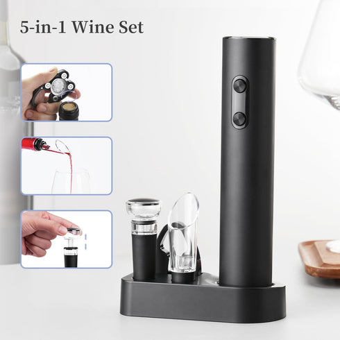 Electric Wine Opener Set, Battery Operated Corkscrew with Storage Base, Automatic Wine Opener for Home Bars (Black)