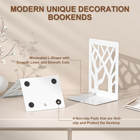 2-Piece, VFINE Withe Bookend Tree Design Bookends for Shelves, Metal Book Ends for Desk, Decoration Stylish Bookshelf