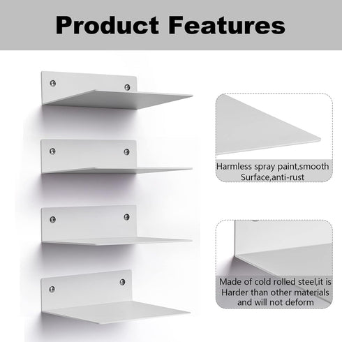 Set 4 Pack ELSKER&HOME Small Floating Shelf of White, Metal Floating Book Shelves for Wall Mounted,Invisible