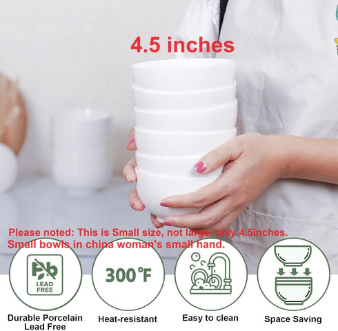 White Small Ceramic Bowls Set of 6, 12 OZ Ice Cream Bowls for Dessert, Rice, Jello, Microwave Safe
