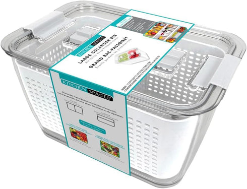 Kitchen Spaces Colander Bin, Produce Saver, Fridge Organizer With Lid, Wash, Strain and Store, Great for Refrigerator, Freezer and Pantry, Large, White, Pack of 1