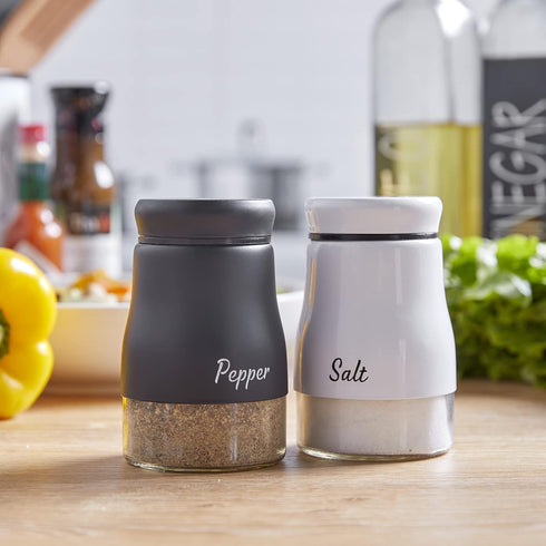 Bivvclaz Salt and Pepper Shakers Set, 5 Ounce Stainless Steel Dispenser with Glass Bottom for Modern Kitchen Decor