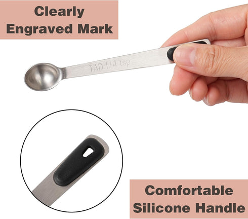 Measuring Spoons Set of 5, Tiny Stainless Steel Measuring Spoons with Black Silicone Handle for Dry or Liquid