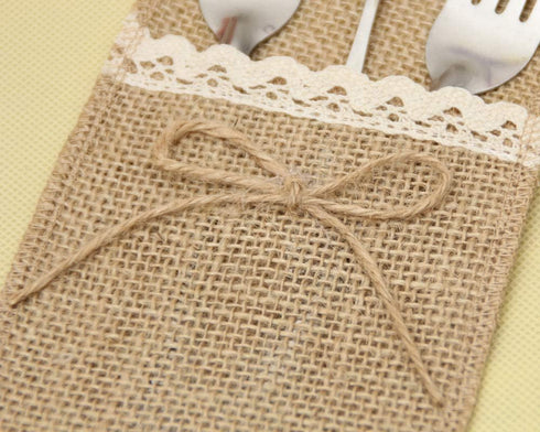 Alnicov Natural Burlap Lace Utensil Cutlery Holders Pouch, Jute Napkin Holders for Vintage Wedding Party Tableware