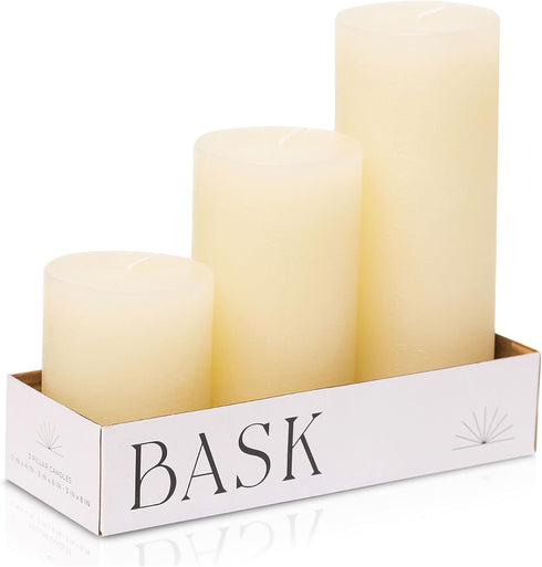 BASK Mottled Pillar Candles, Unscented Ivory Set of 3, Dripless, Smokeless for All Occasions