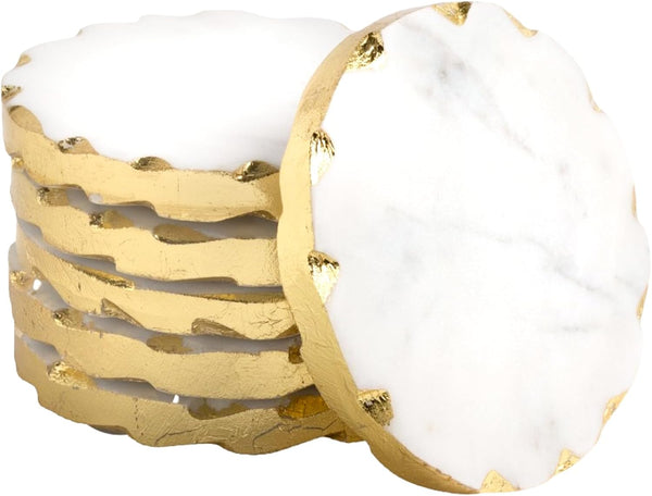 Set of 6 Real Marble Coasters with Golden Borders, decoratice White &