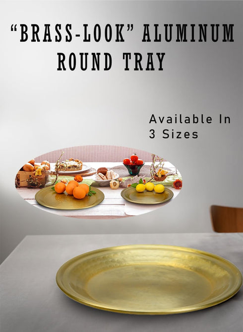 12" Serene Spaces Living Brass-Look Aluminum Round Tray, Handcrafted in India, Decorative Vanity Tray, Organizer