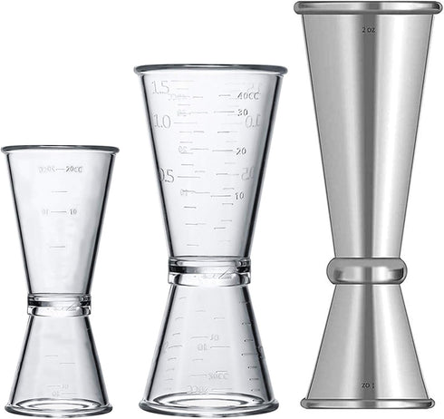 Double Clear Plastic and Stainless Steel Jigger, Set of 3, Cocktail Measuring Shot Glasses for Bar Party