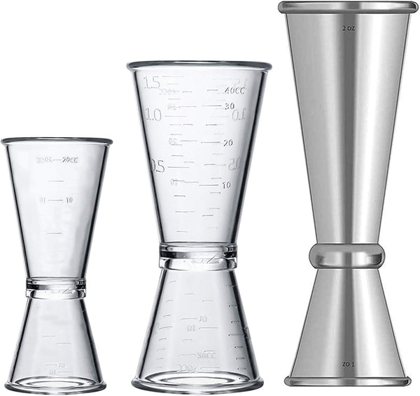 Double Clear Plastic and Stainless Steel Jigger, Set of 3, Cocktail Measuring Shot Glasses for Bar Party