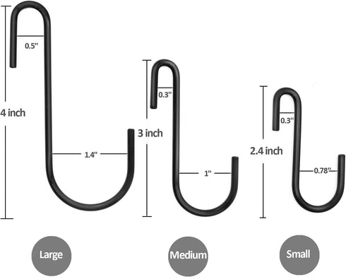 18 Pack S Hooks for Hanging Pans, Pots, Utensils, Clothes, Bags, Towels, Plants - 3 Sizes (Black)