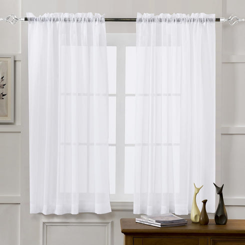 MYSTIC-HOME Sheer Curtains White 45 Inch Length, Set of 2 Rod Pocket Voile Drapes for Living Room, Bedroom