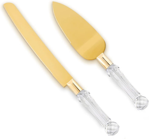 Wedding Cake Knife and Server Set, Gold Cake Cutter and Pie Spatula with Crystal Handles