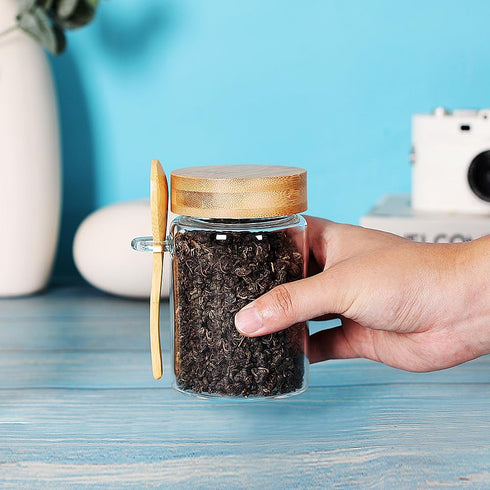 6 Pack16 OZ Countertop, Glass Jar with Screw Lid and Spoon, Tea Containers for Loose Leaf Tea, Salt and Sugar