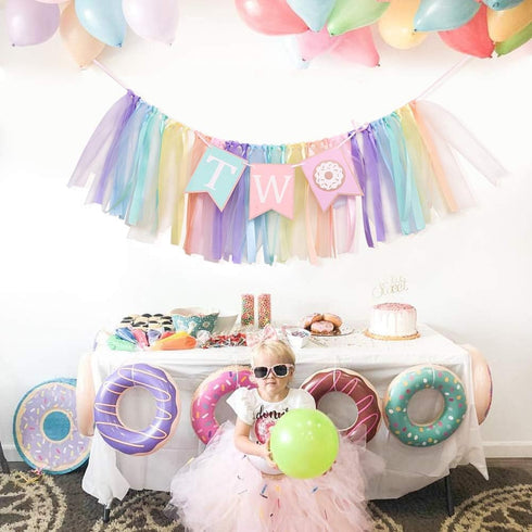 1 2 2) Donut to Years Old Birthday Banner - Donut Theme Birthday High Chair Banner, a Soft Rainbow Ribbon Tutu Group