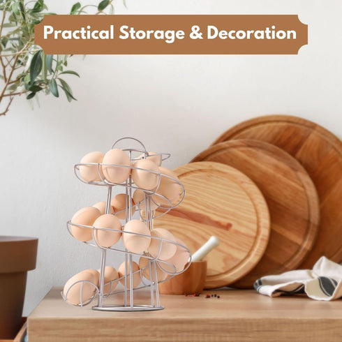 Flexzion Egg Skelter, Modern Spiral Countertop Egg Holder for Fresh Eggs, Freestanding Storage Rack, Silver