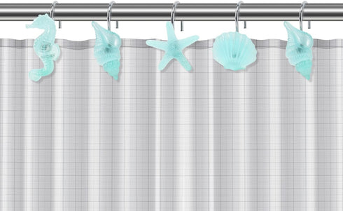 Beach Shower Curtain Hooks, Glow in The Dark, Blue Starfish, Seashell, Coastal Theme Bathroom Décor