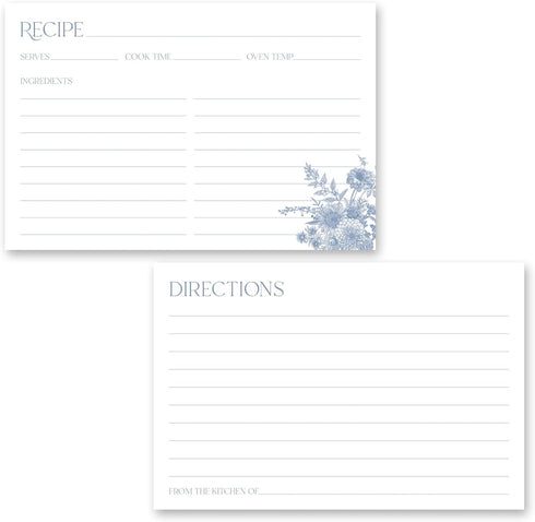 Blue Vintage Floral Recipe Cards - Set of 48