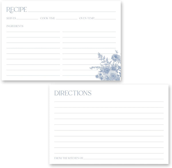 Blue Vintage Floral Recipe Cards - Set of 48