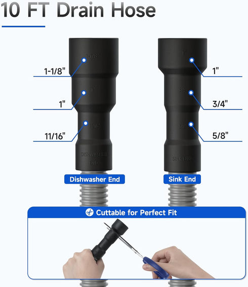 10 FT Dishwasher Drain Hose, Corrugated and Flexible Replacement with Clamps, Fits 11/16", 1", 1-1/8"