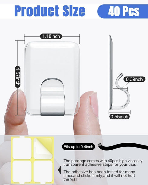 LZC 40 Pack Hooks for Outdoor String Lights Clips: Large Clear Rectangle Outdoor Light Clips Waterproof Adhesive Strips