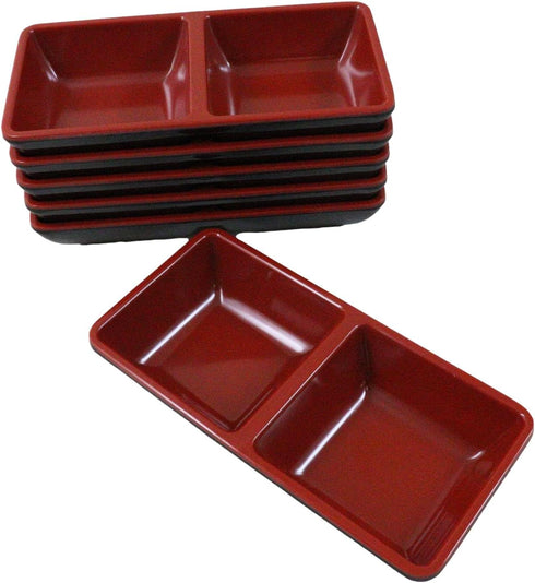 Ebros Red And Black Melamine Traditional Design Condiments Bowl, Ketchup BBQ Soy Sauce Dipping Dish with Divider