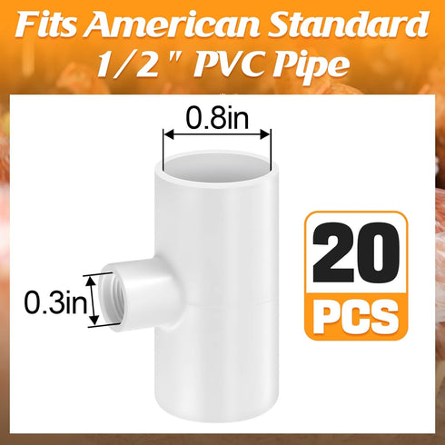 20 Pack Chicken Waterer PVC Tee Fittings - Fully Automatic for Threaded Chicken Waterer Nipples/Cups/Feeders/Poultry