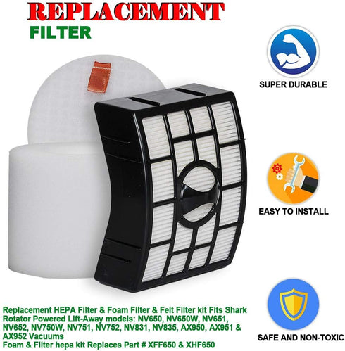 HIFROM Compatible HEPA Filter & Foam Felt Filter for Shark Rotator Powered Lift-Away Models, Replaces Part#XFF650 &