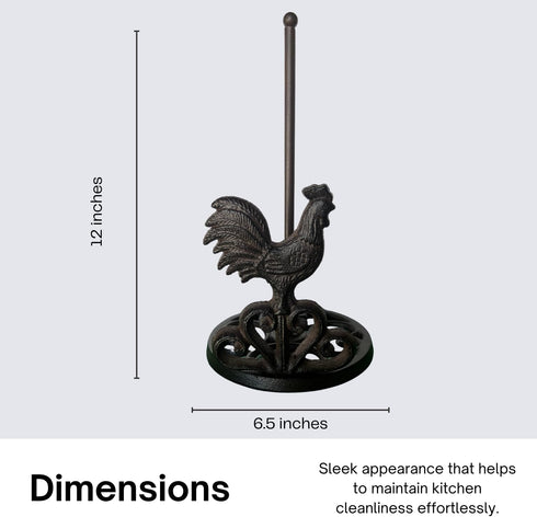 Decoronix 12" Countertop Country Rustic Elegance Cast Iron Rooster Paper Towel Holder - Freestanding Kitchen Accessory