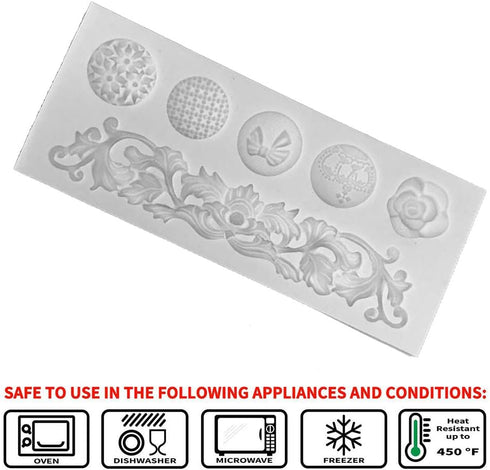 DIY Baroque Scroll Relief Cake Border Silicone Molds - European Frame Cake Decorating Tools - Grey