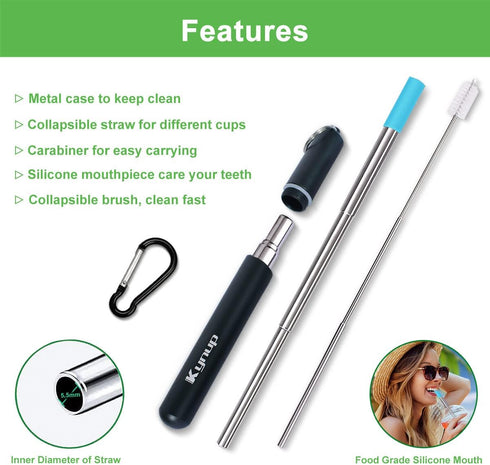 Kynup Reusable Straws, 4 Pack Collapsible Metal Straw, Foldable Stainless Steel Drinking Straw with Case