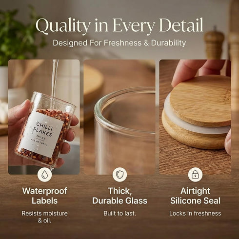 Labels-12 Pack- 6.8oz- 360 Glass Spice Jars with Labels- Spice Containers with Bamboo Lids -Spices Organization